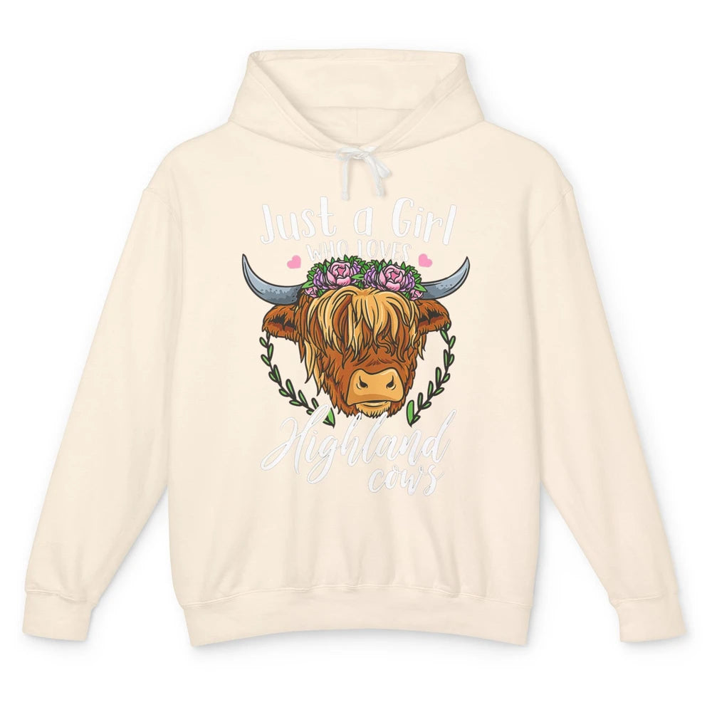 Vintage Just Girl Loves Highland Cow Floral Western Animal Unisex Lightweight Hoodie