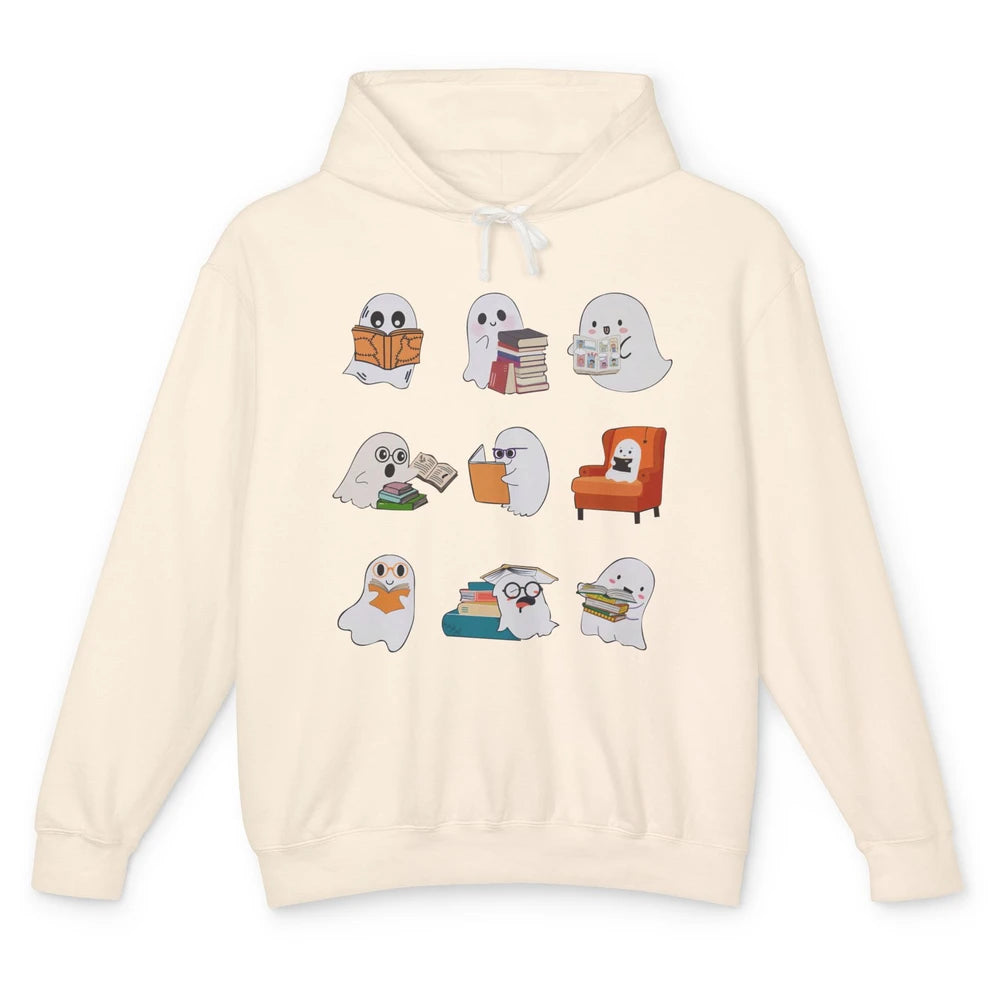 Kawaii Ghost Reading Book Halloween School Spooky Librarian Unisex Lightweight Hoodie