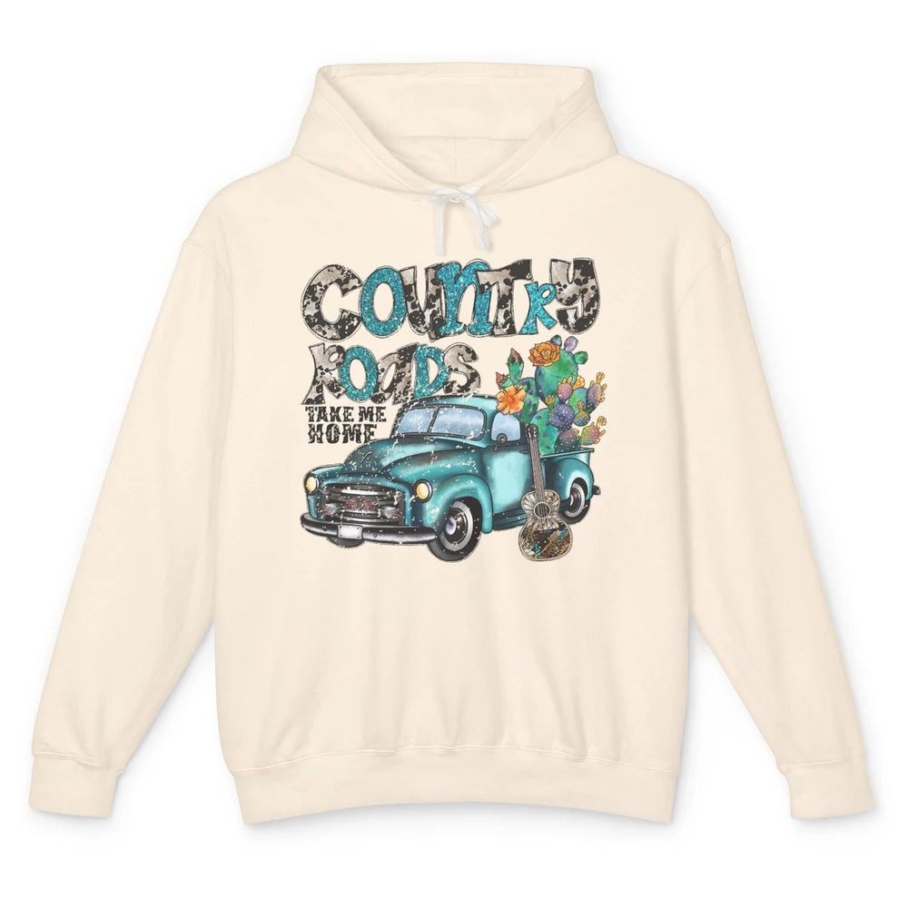 Cowhide Cactus Truck Country Roads Take Me Home Western Girl Unisex Lightweight Hoodie