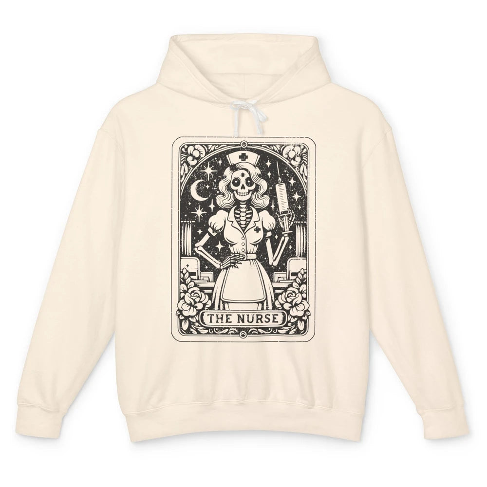 Retro Skeleton The Nurse Tarot Card Halloween Nursing Life Unisex Lightweight Hoodie