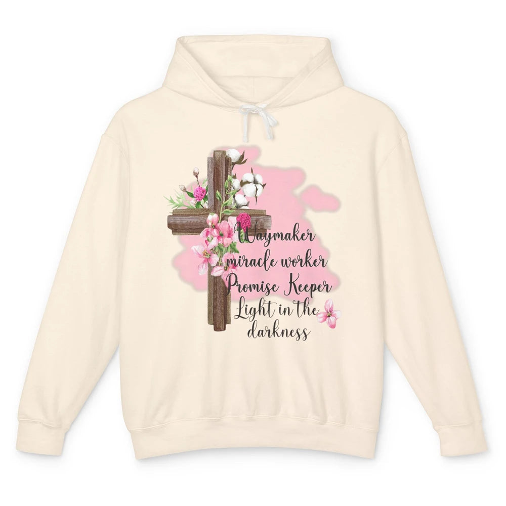 Jesus Floral Cross Waymaker Miracle Worker Faith Christian Unisex Lightweight Hoodie