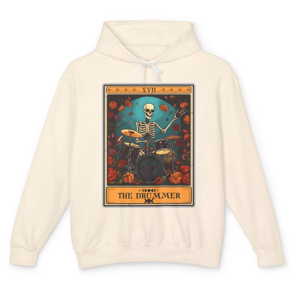 Retro Skeleton The Drummer Tarot Card Halloween Drumming Unisex Lightweight Hoodie