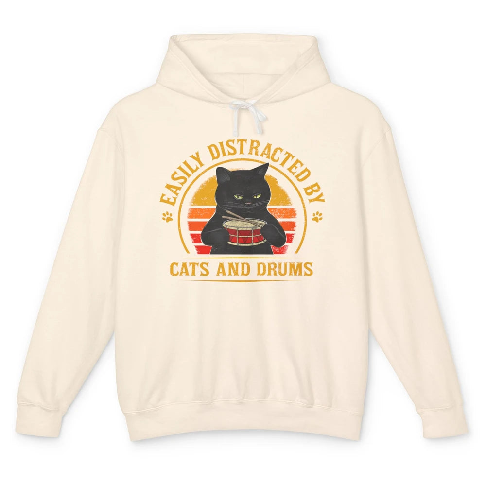 Vintage Black Cat Drummer Easily Distracted By Cat And Drums Unisex Lightweight Hoodie