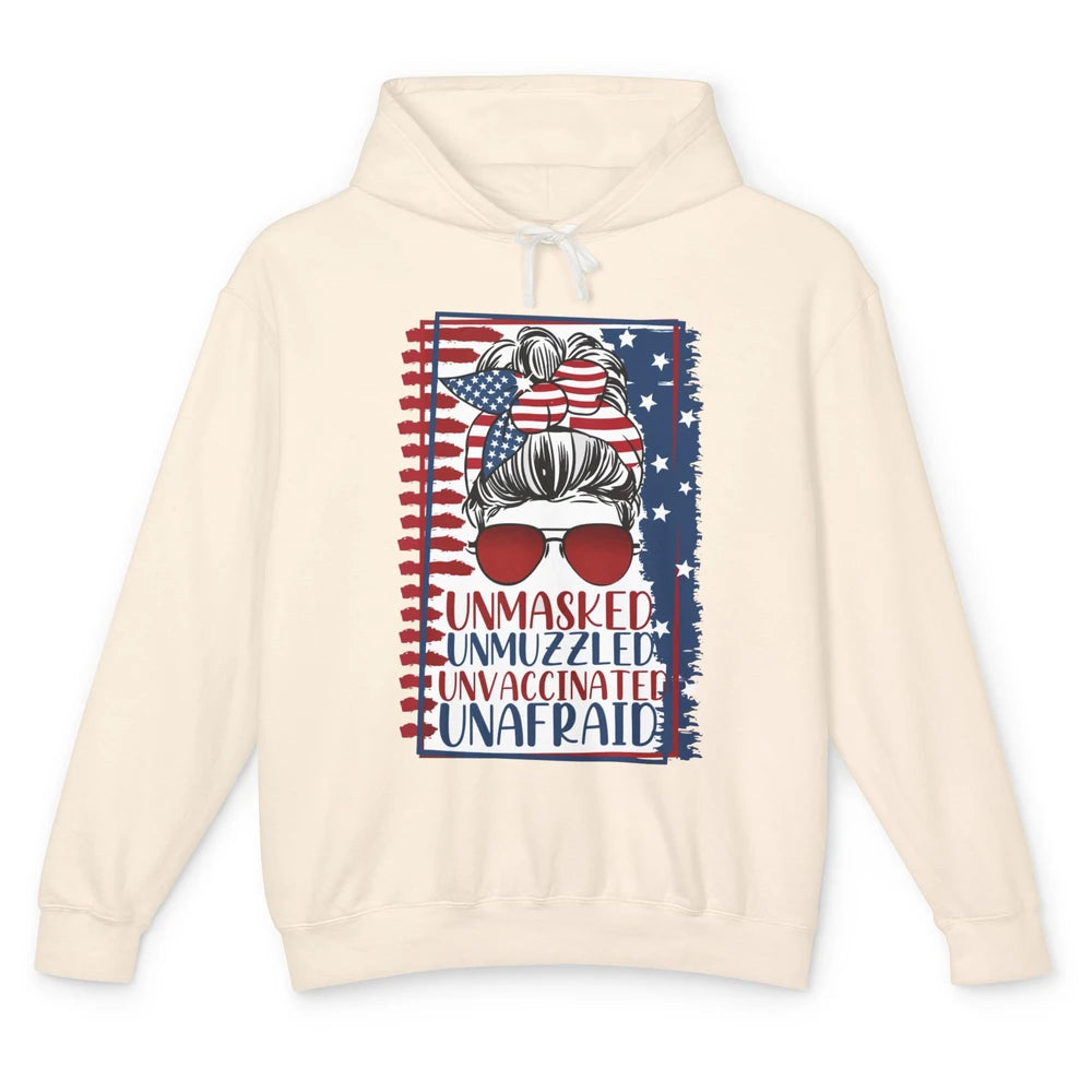 Unmasked Unmuzzled Unvaccinated Unafraid US Flag Messy Bun Unisex Lightweight Hoodie