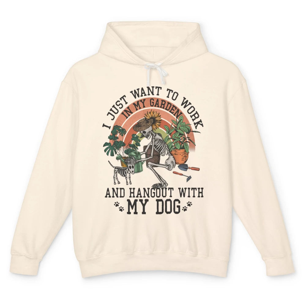 Funny Skeleton Work In Garden Hangout With Dog Botanic Plant Unisex Lightweight Hoodie