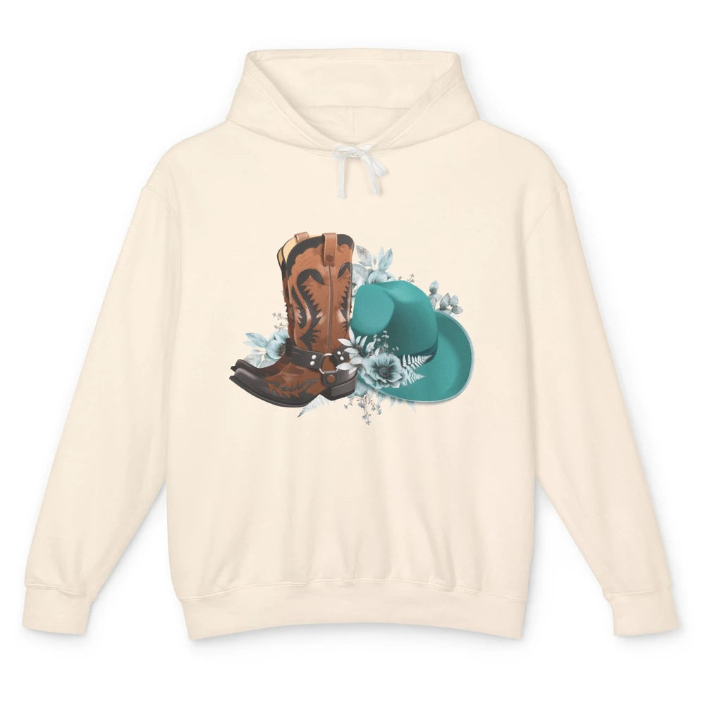 Retro Cowgirl Floral Turquoise Cowboy Boots Rodeo Western Unisex Lightweight Hoodie