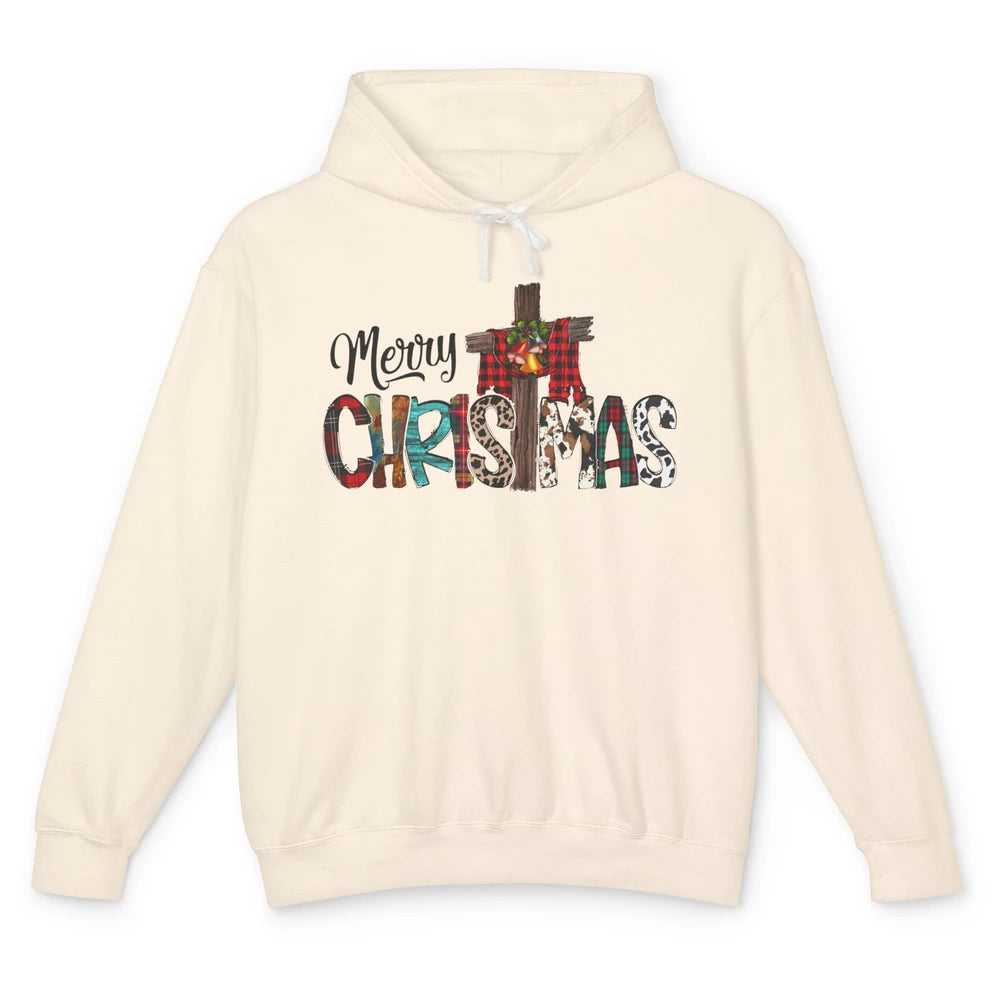 Leopard Jesus Cross Merry Christmas Christian Western Xmas Unisex Lightweight Hoodie