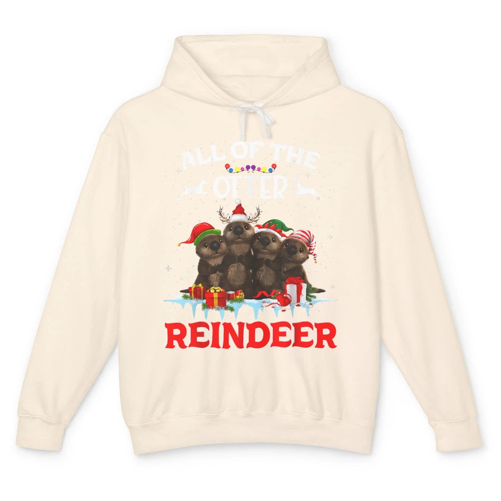 Merry Christmas All Of Otter Reindeer Funny Xmas Santa Hat Unisex Lightweight Hoodie