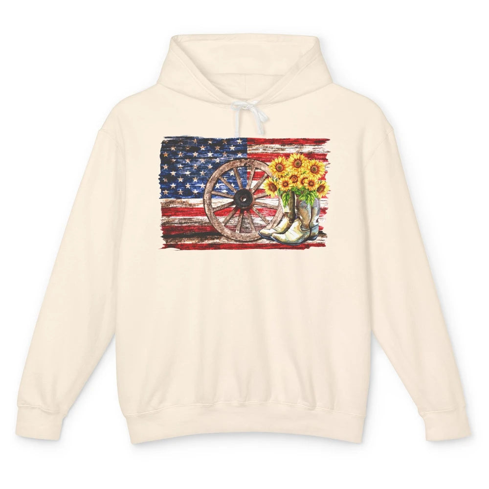 Retro US Flag Sunflower Cowgirl Boots Texas Cowboy Western Unisex Lightweight Hoodie