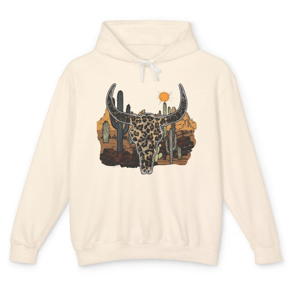 Leopard Bull Skull Desert Sunset Cactus Western Country Girl Unisex Lightweight Hoodie