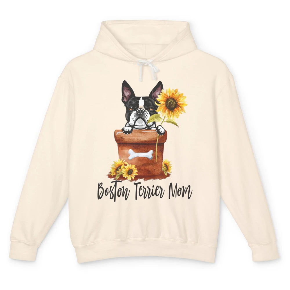 Funny Boston Terrier Dog Face Sunflowers Puppy Dog Mom Mama Unisex Lightweight Hoodie