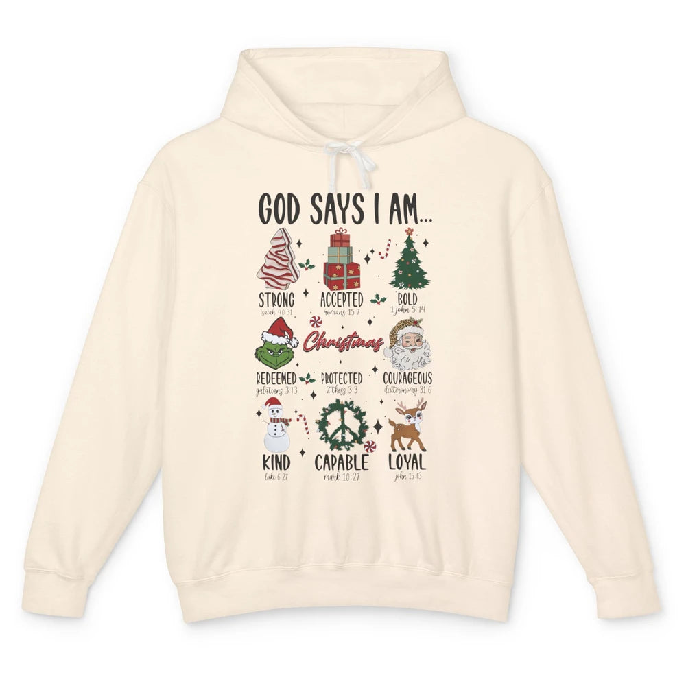 Retro Christmas God Says I Am Bible Verse Religious Boy Girl Unisex Lightweight Hoodie