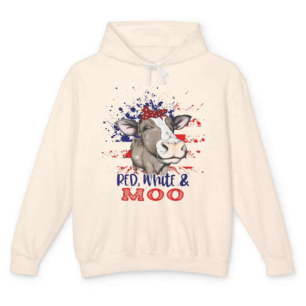 Red White Moo Cow America Flag 4th of July Patriotic Unisex Lightweight Hoodie