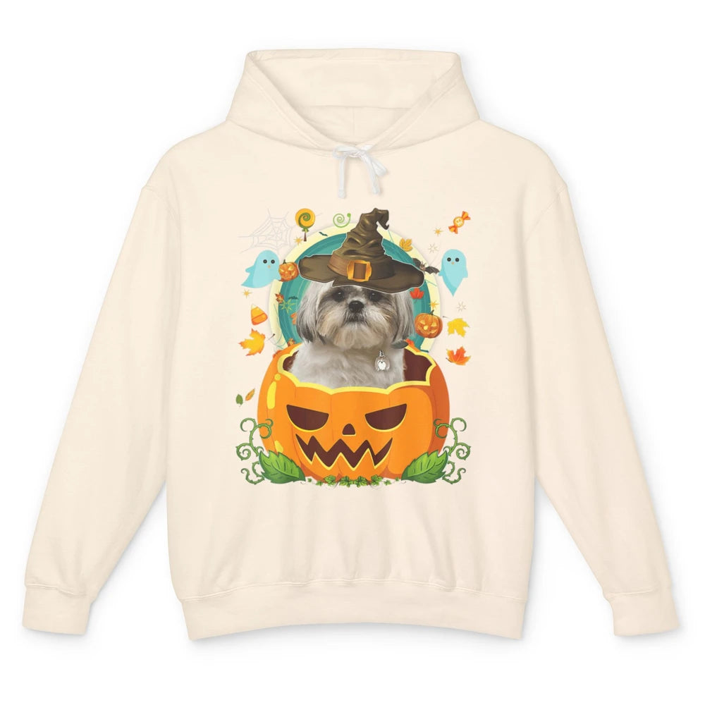 Funny Shih Tzu Dog Witch Hat Pumpkin Halloween Spooky Season Unisex Lightweight Hoodie