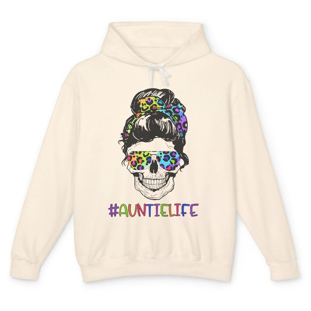 Leopard Messy Bun Skull Rainbow Auntie Life Aunt Mothers Day Unisex Lightweight Hoodie