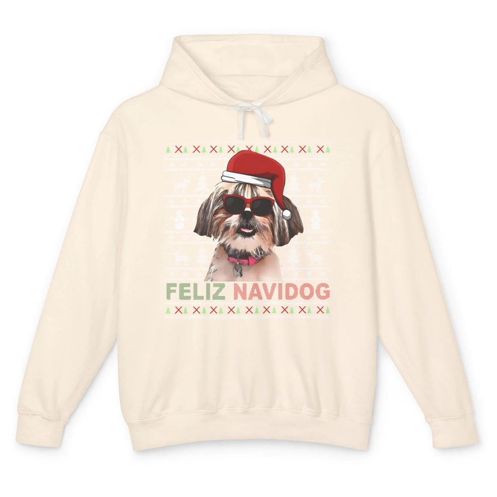 Funny Santa Shih Tzu Dog Feliz Navidog Christmas Tree Ugly Unisex Lightweight Hoodie