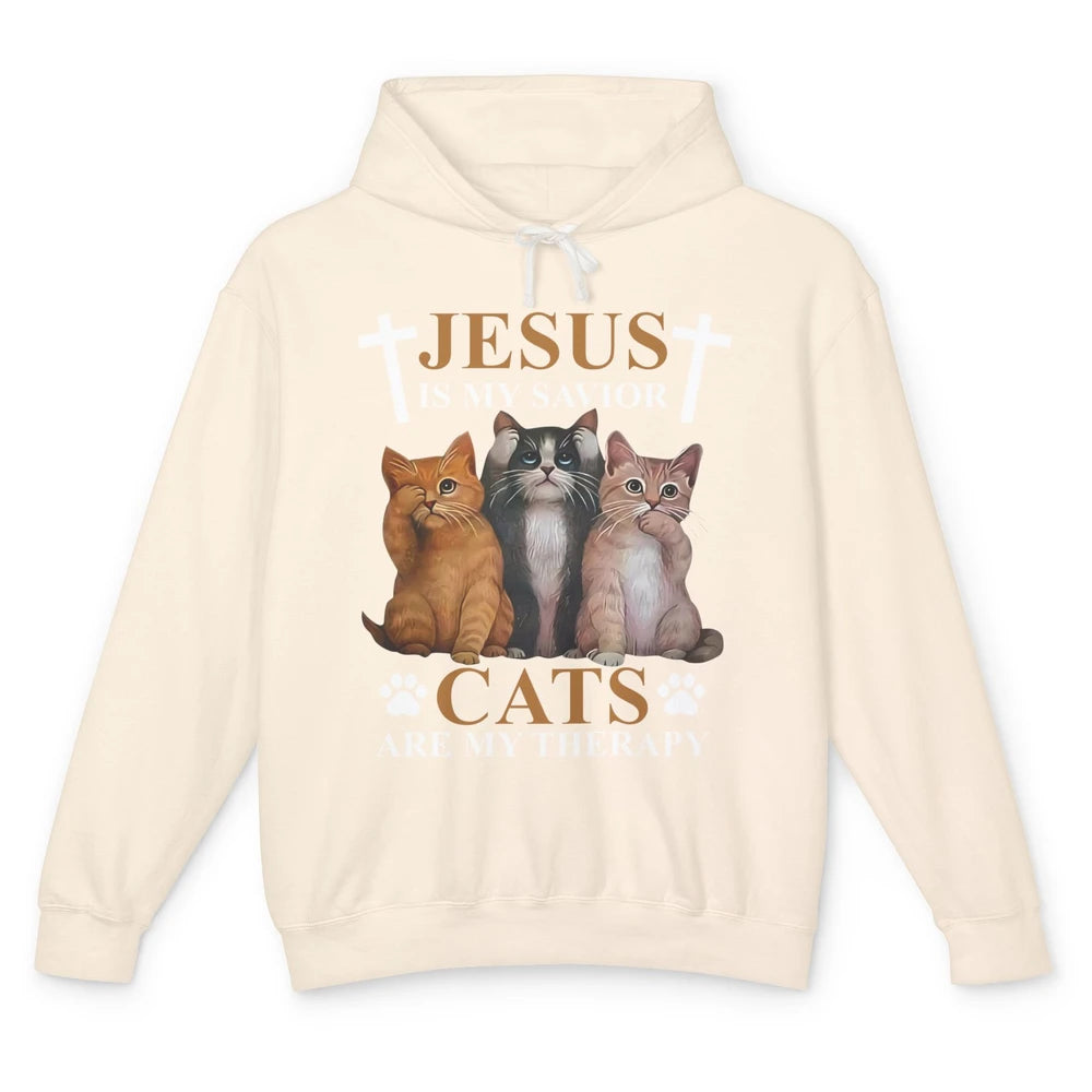 Jesus Is My Savior Cats Are My Therapy Cats Lovers Gift Unisex Lightweight Hoodie