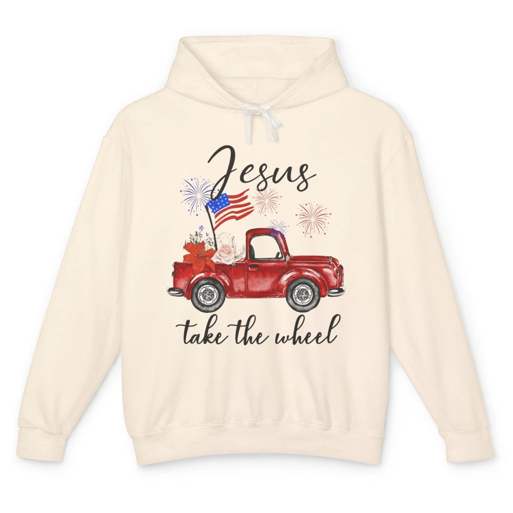 4th Of July Jesus Take The Wheel Red Truck Watercolor God Unisex Lightweight Hoodie