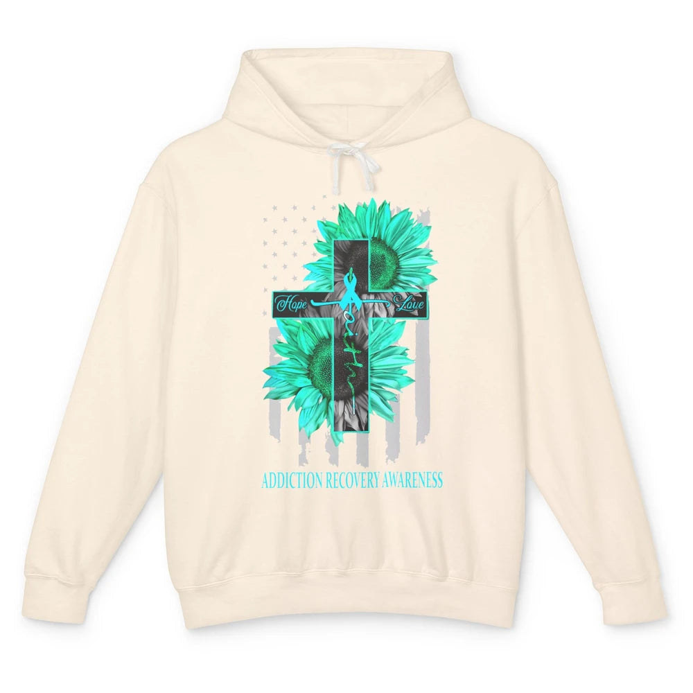 Addiction Recovery Faith Hope Love Teal US Flag Jesus Cross Unisex Lightweight Hoodie