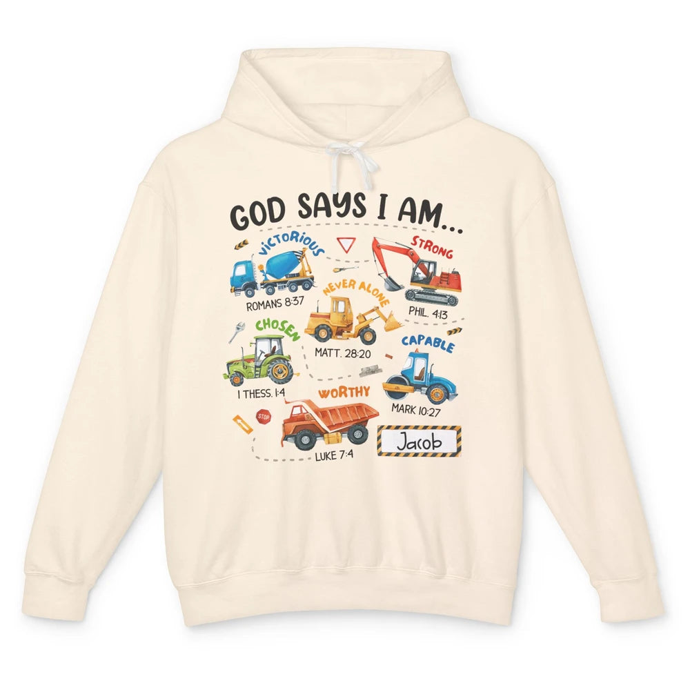 God Says I Am Construction Christian Bible Truck Excavator Unisex Lightweight Hoodie