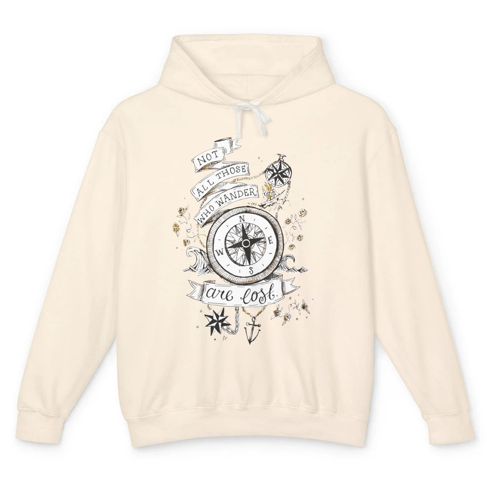 Retro Compass Not All Who Wander Are Lost Mountain Adventure Unisex Lightweight Hoodie