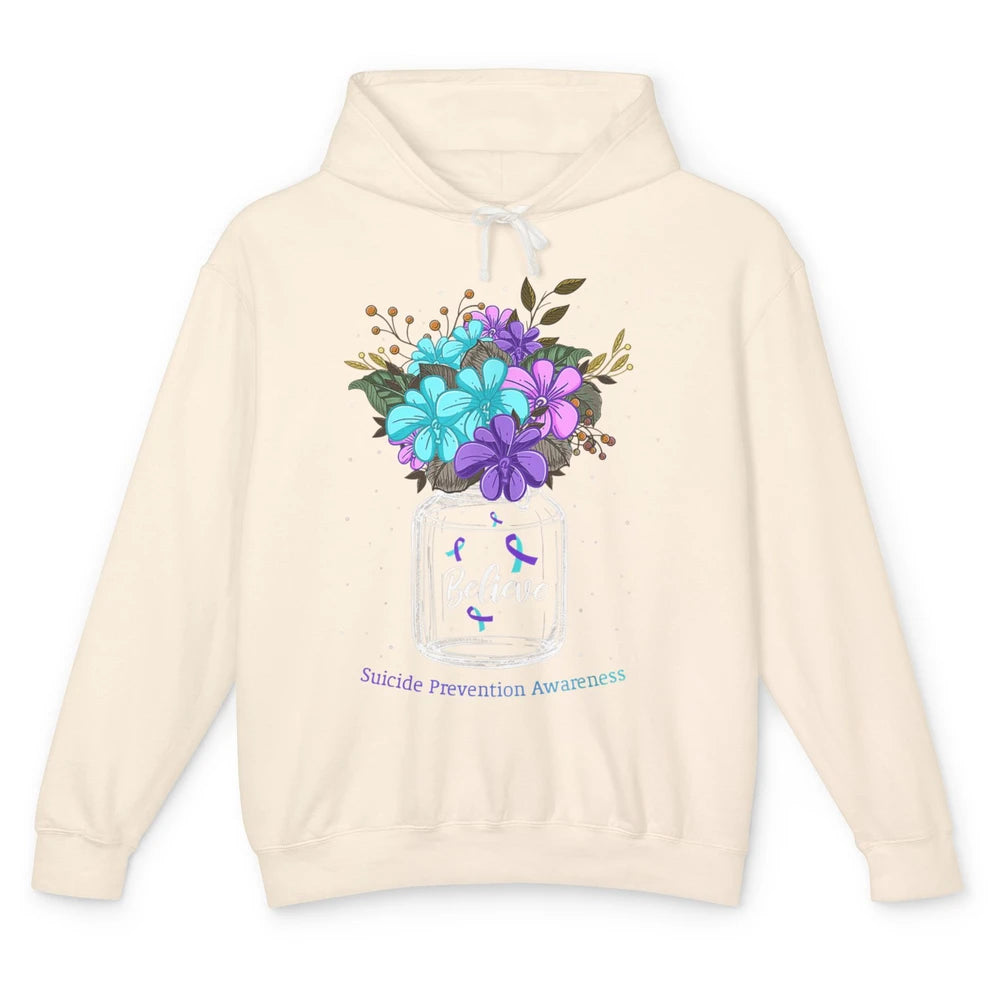 Cute Believe Flower Ribbon Support Suicide Prevention Month Unisex Lightweight Hoodie