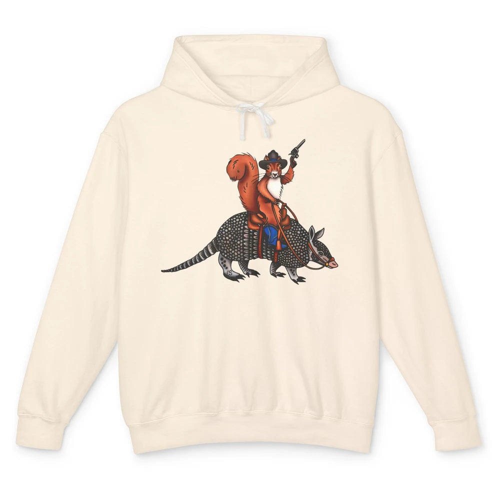 Retro Squirrel Cowboy Riding Armadillo Howdy Western Country Unisex Lightweight Hoodie