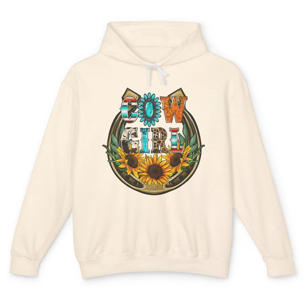 Western Country Sunflowers Retro Cowhide Serape Horseshoe Unisex Lightweight Hoodie