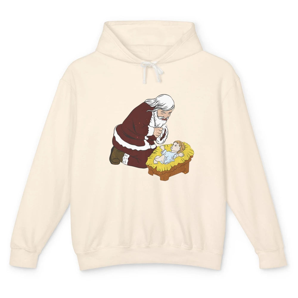 Merry Christmas Kneeling Santa Claus With Baby Jesus Xmas Unisex Lightweight Hoodie