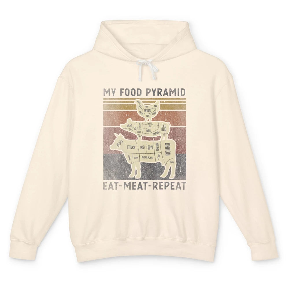 Vintage My Food Pyramid Eat Meat BBQ Lover Fast Food Retro Unisex Lightweight Hoodie