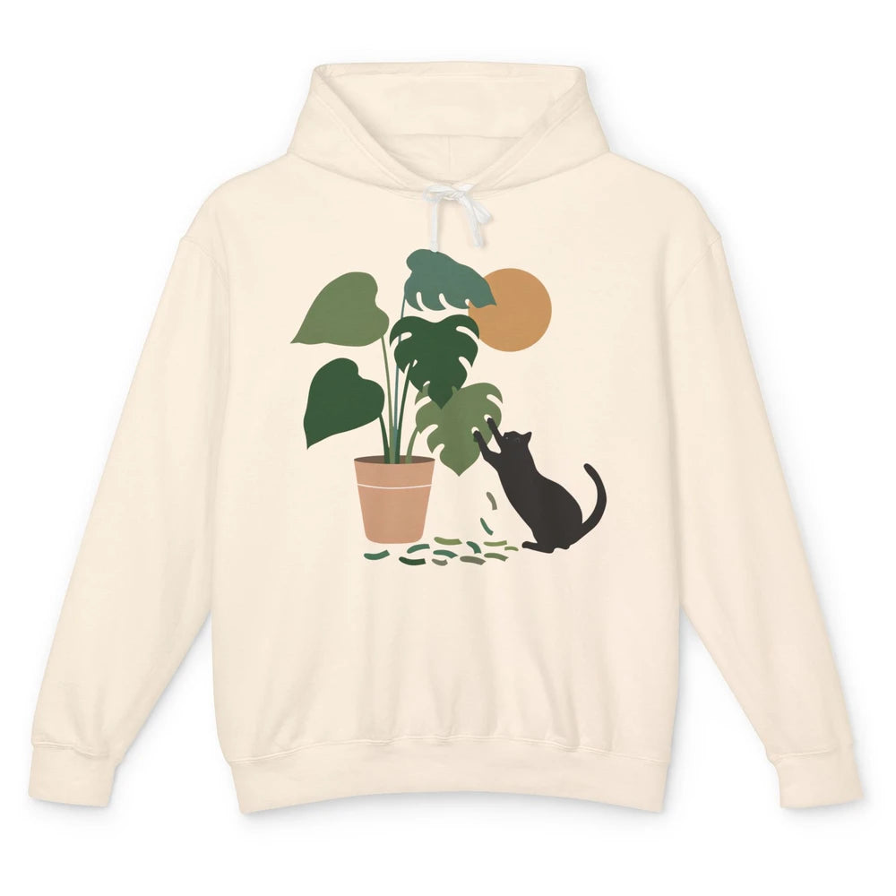 Black Cat And Plant The Making Of Monstera Garden Cat Lovers Unisex Lightweight Hoodie