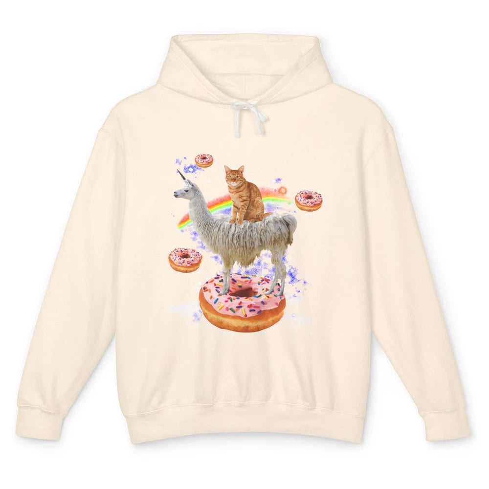 Funny Astronaut Cat Space Cat Riding Llama And Donuts Galaxy Unisex Lightweight Hoodie