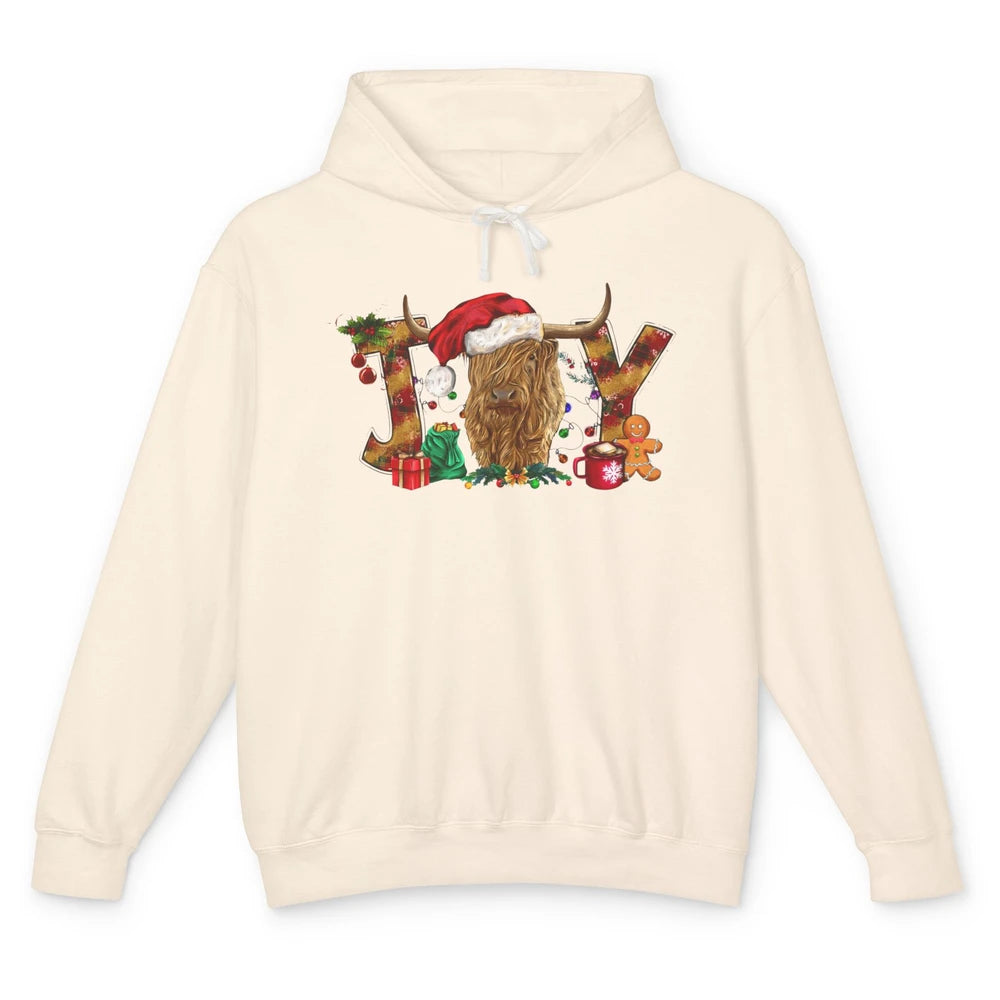 Highland Cow Joy Santa Hat Gingerbread Christmas Farm Gift Unisex Lightweight Hoodie