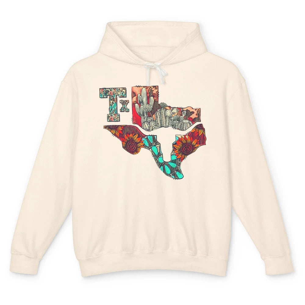 Texas Map Boho Texas State Leopard Western Desert Cactus Unisex Lightweight Hoodie