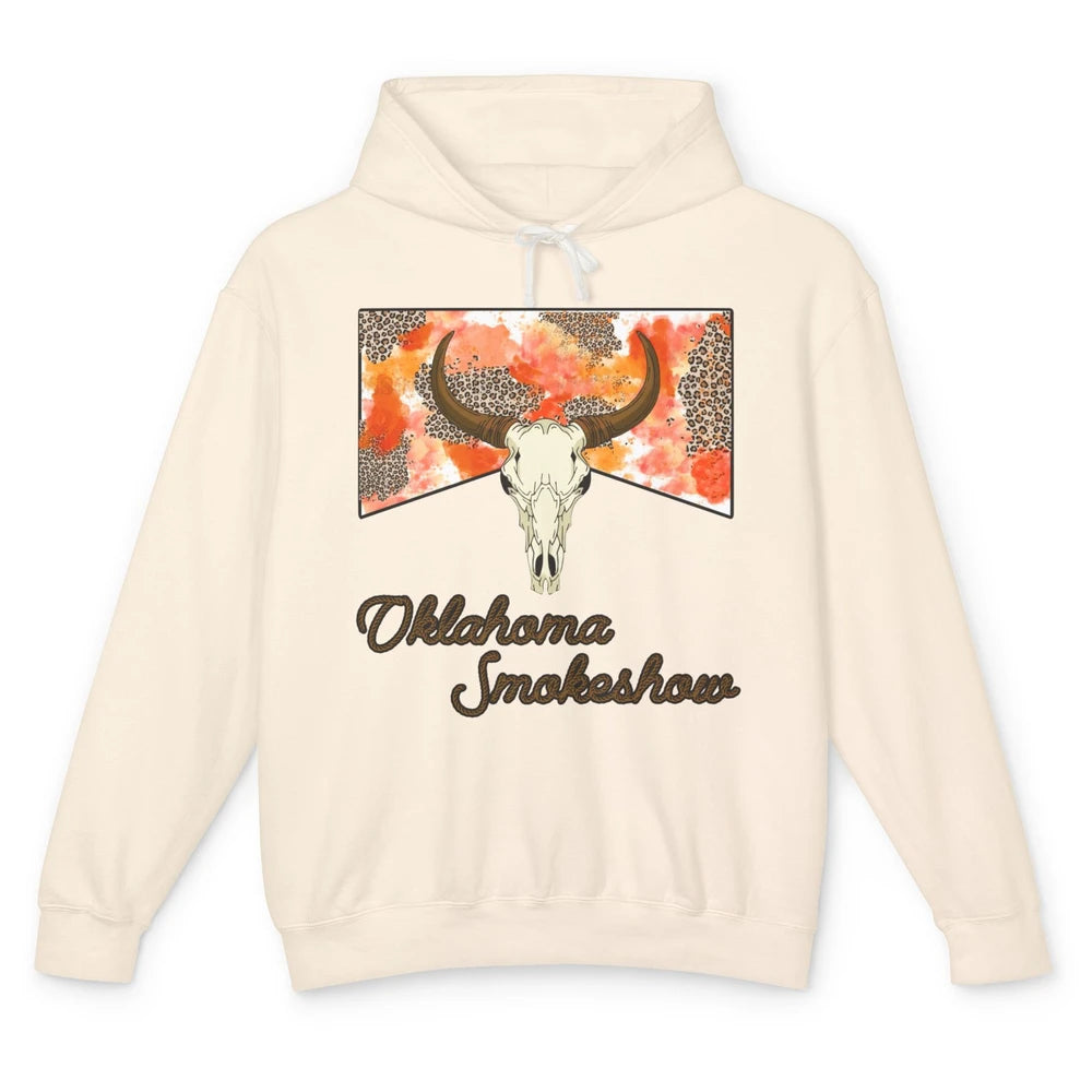 Boho Bull Skull Cow Print Oklahoma Smokeshow Western Country Unisex Lightweight Hoodie