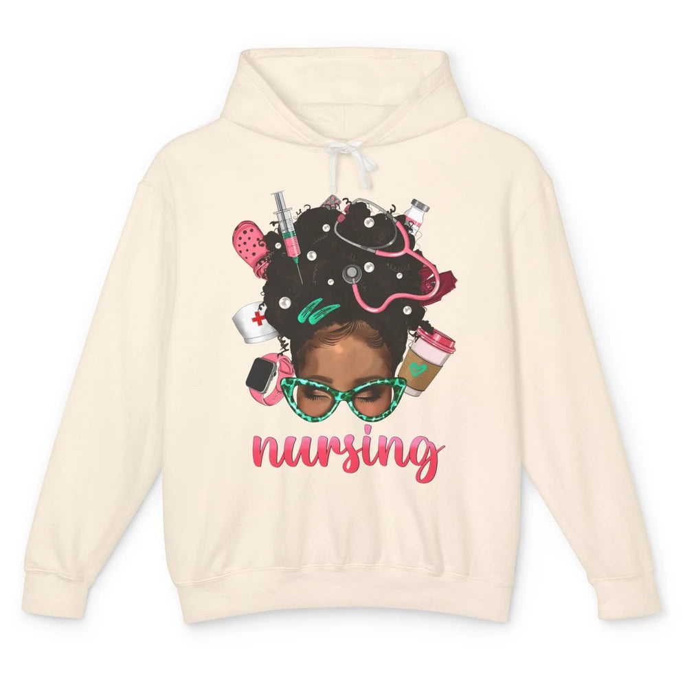 Afro Black Woman Nurse Life Nursing Therapist Messy Hair Bun Unisex Lightweight Hoodie