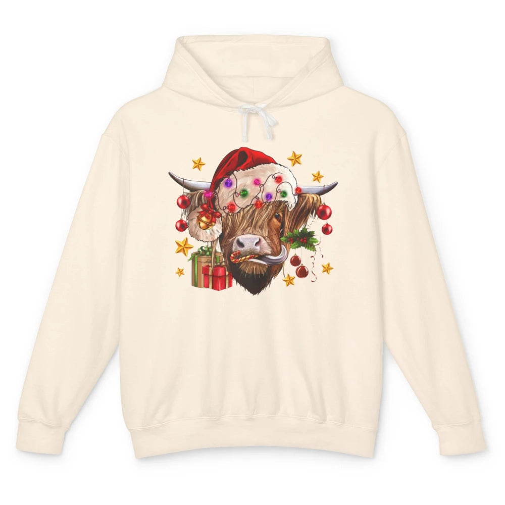 Highland Cow Joy Santa Hat Christmas Ornament Western Farm Unisex Lightweight Hoodie