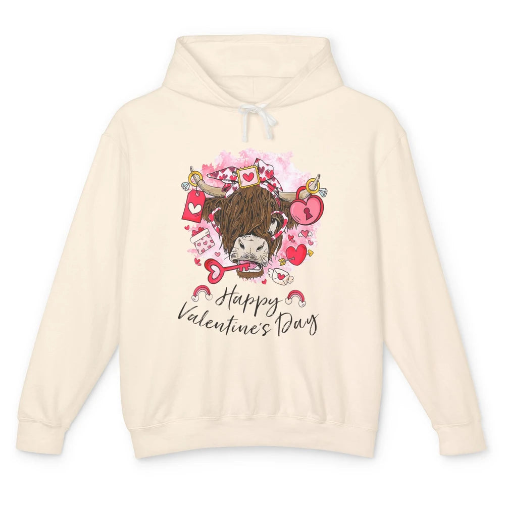 Cute Highland Cow Heart Western Happy Valentine Day Love Unisex Lightweight Hoodie