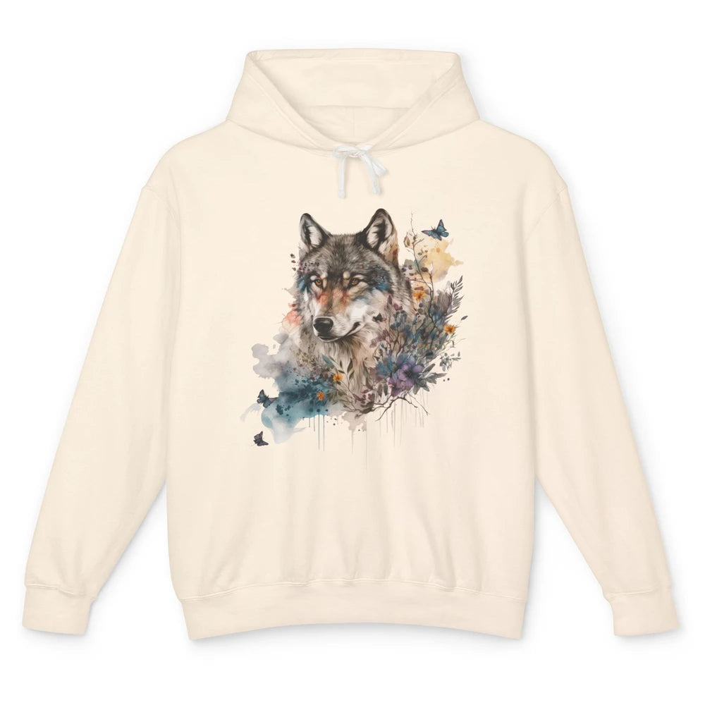 Watercolor Wolf Face Howl Butterfly Wolves Wild Animal Retro Unisex Lightweight Hoodie