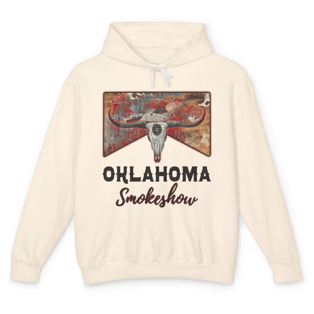 Boho Bull Skull Cow Print Oklahoma Smokeshow Western Country Unisex Lightweight Hoodie