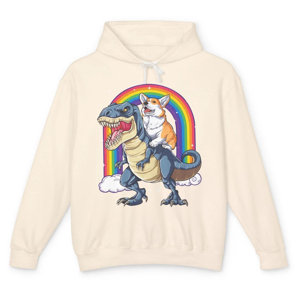 Funny Corgi Ride Dinosaur T Rex Cute Welsh Dog Pet Rainbow Unisex Lightweight Hoodie