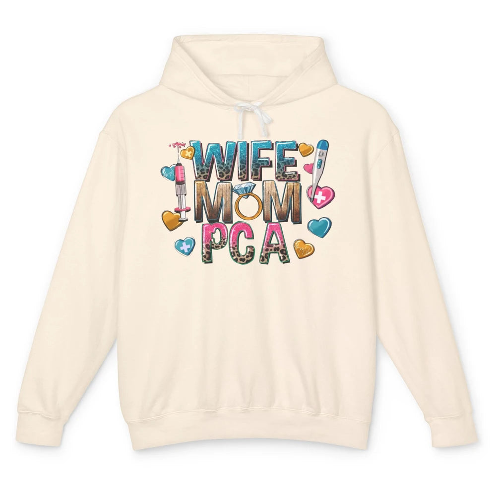 Wife Mom PCA Leopard Heart Western PCA Valentines Day Nurse Unisex Lightweight Hoodie