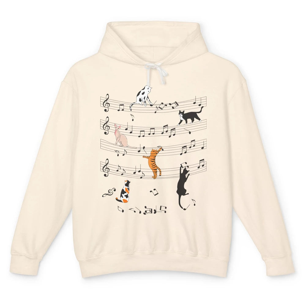 Cat On Music Sheets Cute Music Notes Funny Cat Musician Unisex Lightweight Hoodie