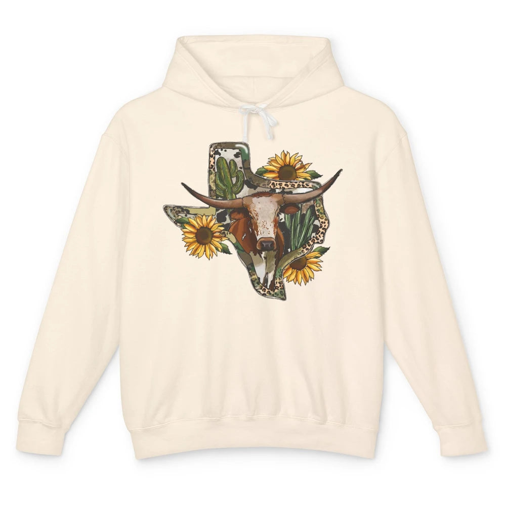 Texas Map Leopard Sunflower Western Texas Cow Longhorn Unisex Lightweight Hoodie