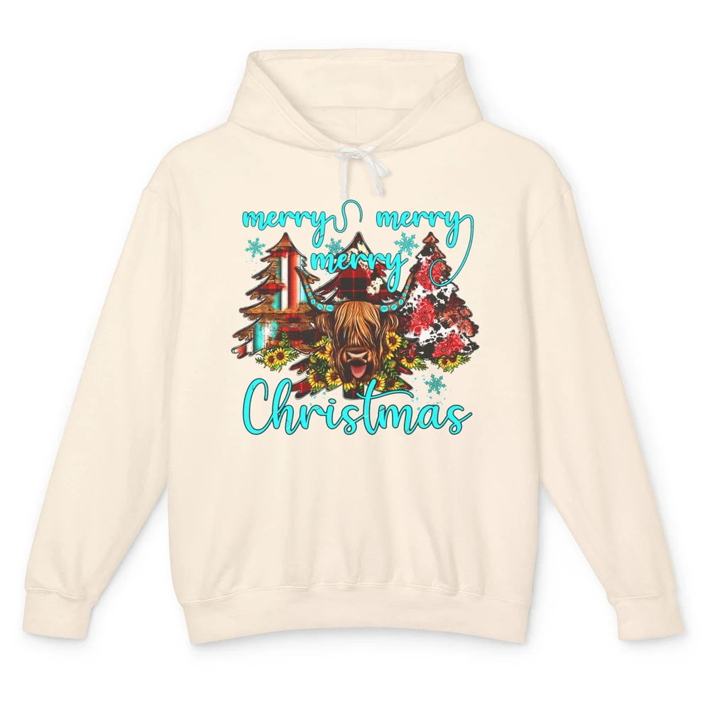 Highland Cow Merry Christmas Heifer Western Country Cowboy Unisex Lightweight Hoodie