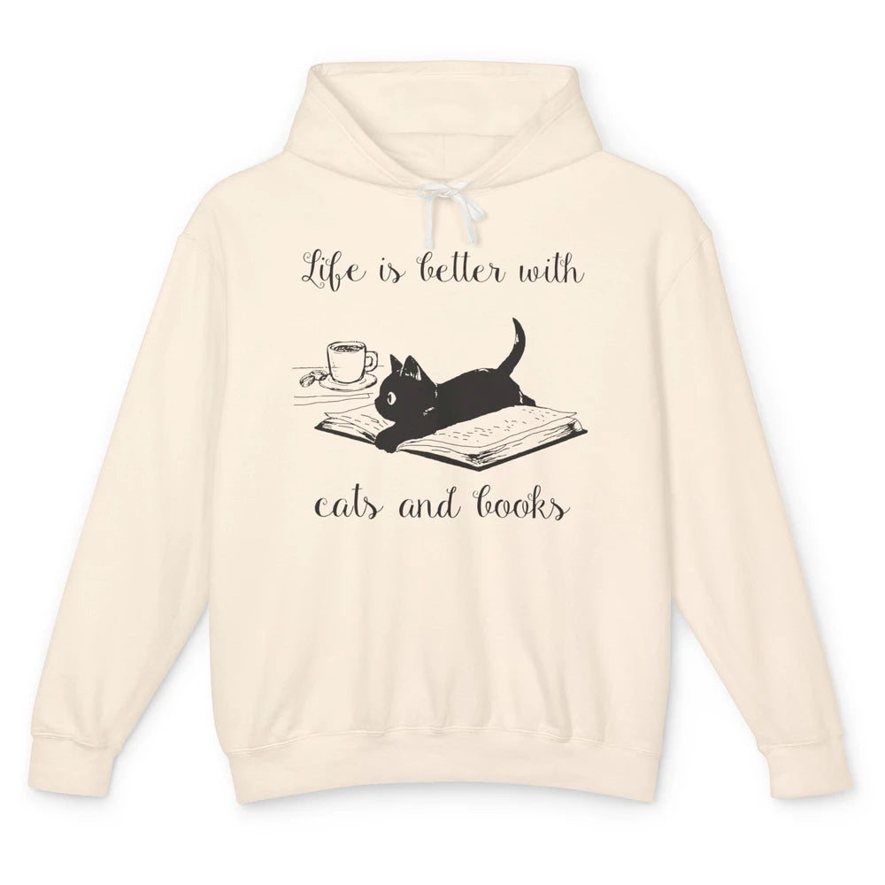 Retro Life Is Better With Cats And Books Reading Lovers Unisex Lightweight Hoodie