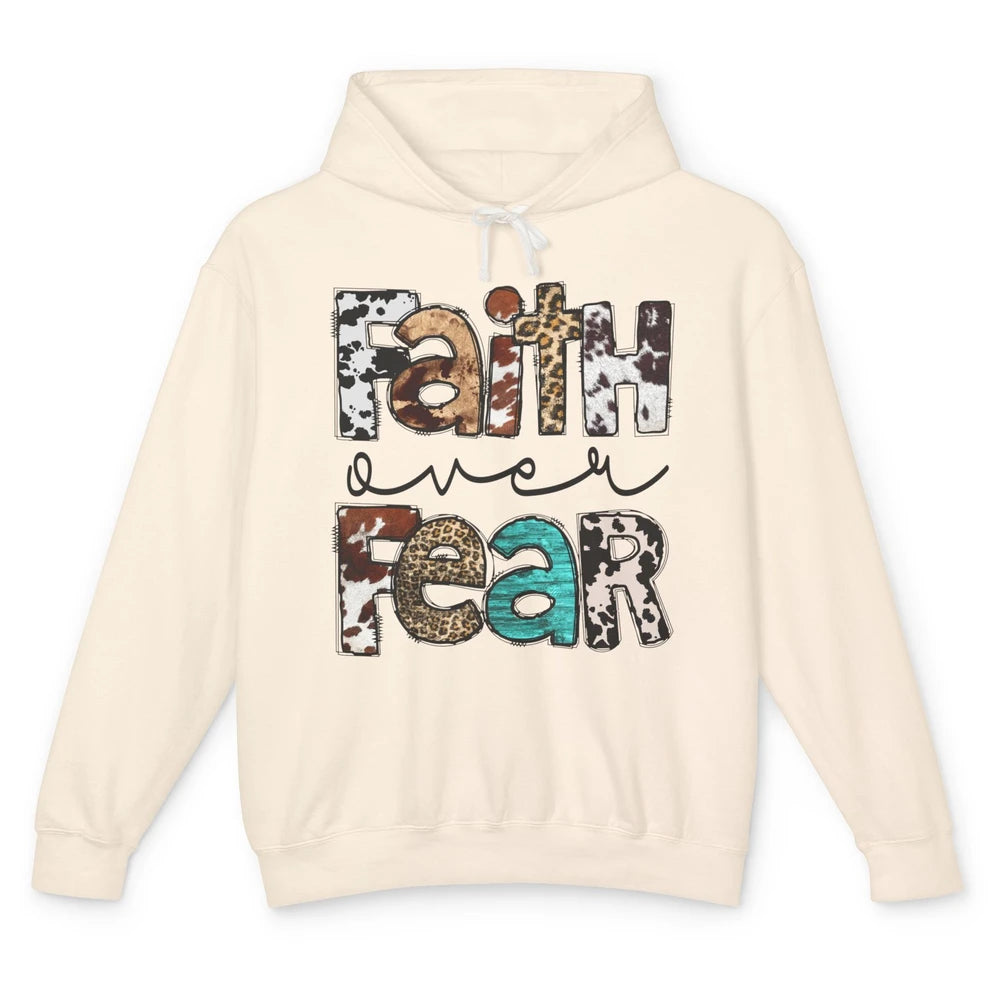 Faith Over Fear Leopard Cowhide Western Christian Cross Unisex Lightweight Hoodie