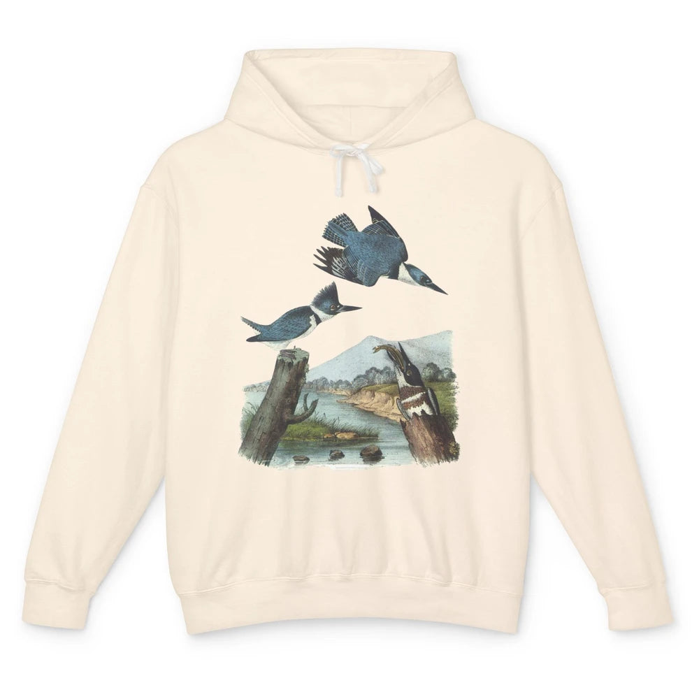 Watercolor Belted Kingfisher Bird Eat Fish Nature Birding Unisex Lightweight Hoodie