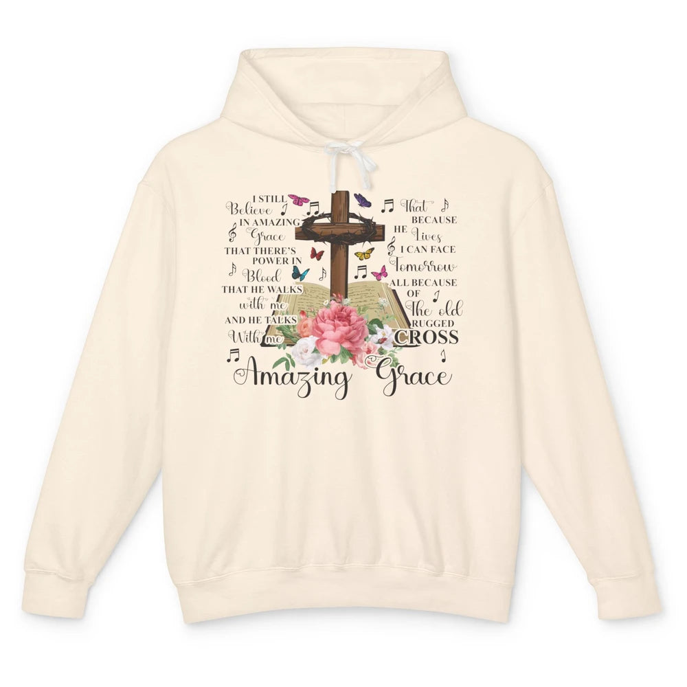 Christian Floral Cross I Still Believe In Amazing Grace Unisex Lightweight Hoodie