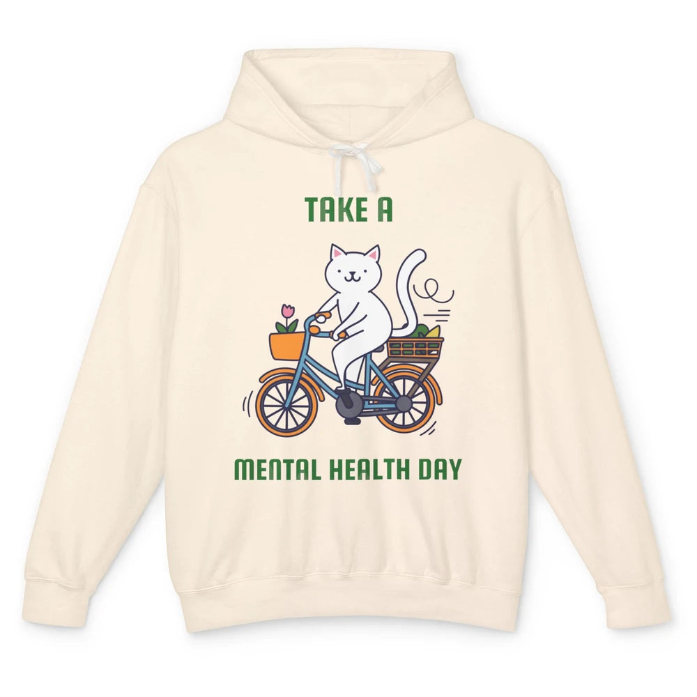 Take A Mental Health Day Cute Cat Bike Positive Therapist Unisex Lightweight Hoodie